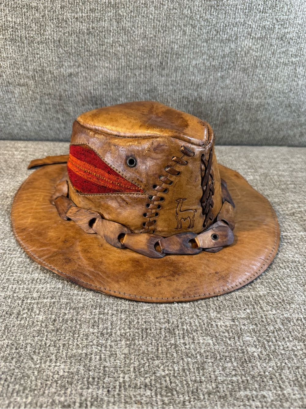 Leather Outback Hat with Red Accent - Size Medium/Large
